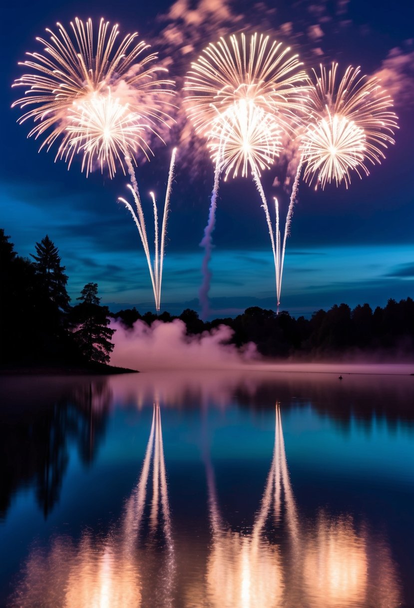 Vibrant fireworks lighting up the night sky, reflecting off a calm lake, with silhouettes of trees in the background