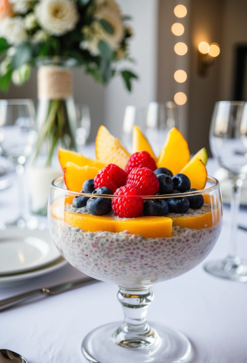 A glass bowl of chia pudding topped with colorful fresh fruit slices, set on a table with elegant wedding decor in the background