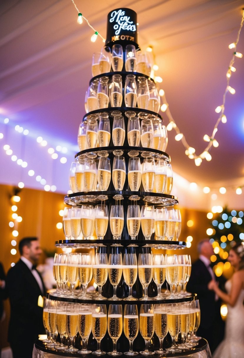 A tower of champagne glasses cascading with bubbles, surrounded by twinkling lights and festive decorations for a New Year's Eve wedding celebration