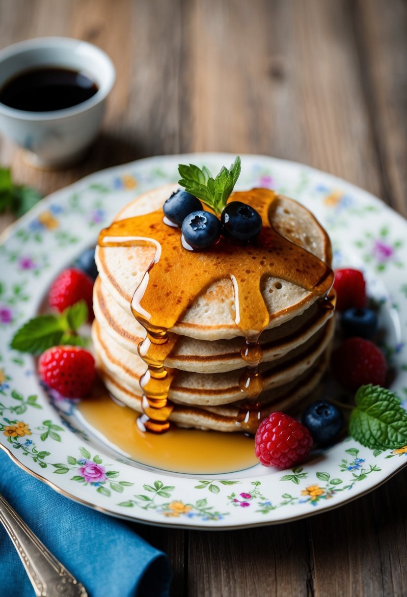 A plate of whole grain pancakes drizzled with maple syrup, surrounded by fresh berries and a sprig of mint, set on a delicate floral-patterned china plate