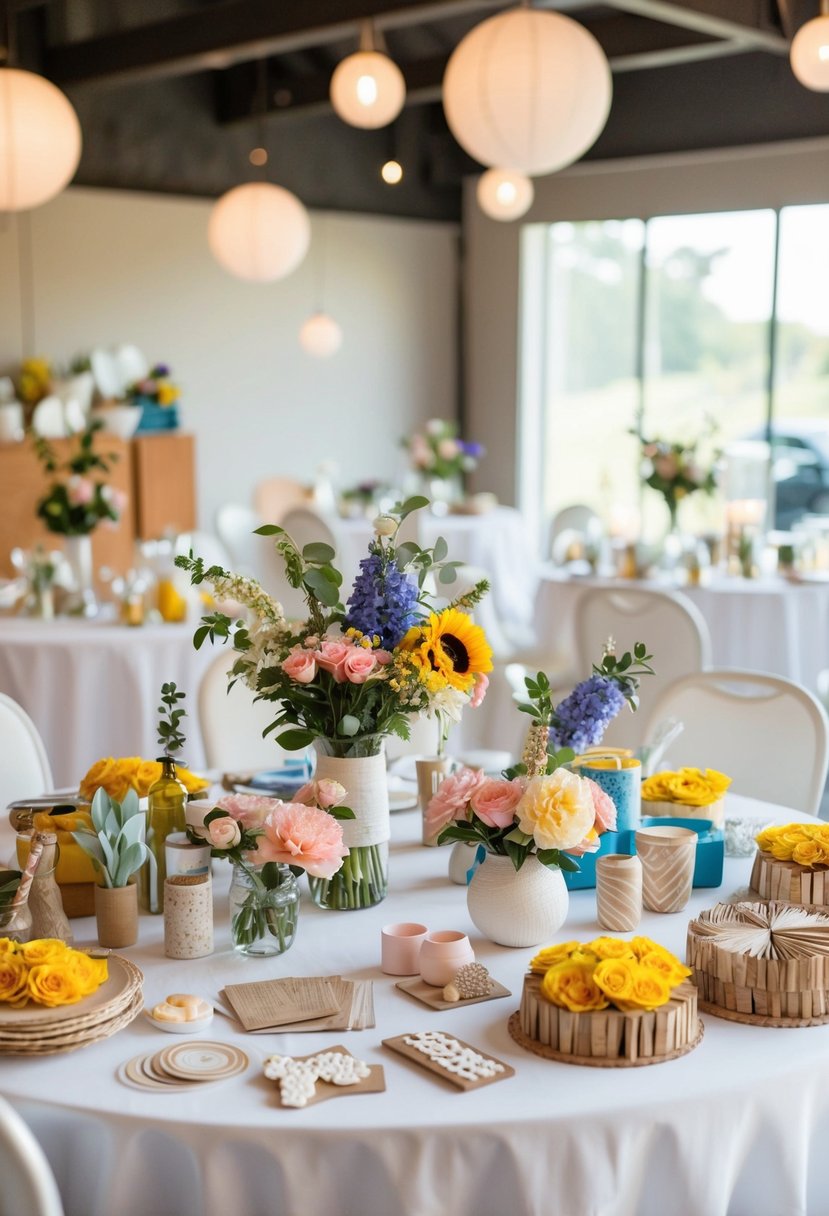 A table with craft supplies, flowers, and decorative materials set up for a wedding anniversary party