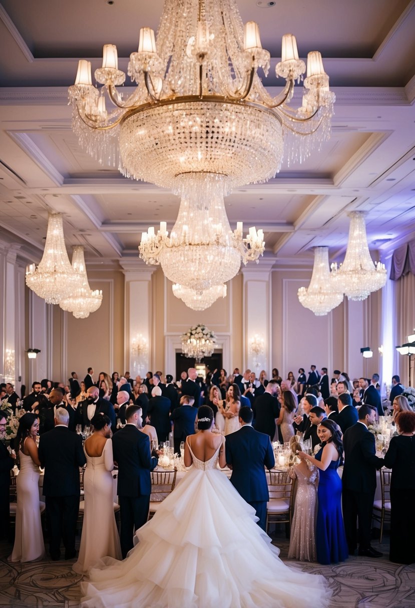 A luxurious ballroom filled with elegant decor, sparkling chandeliers, and guests dressed in glamorous attire for a New Year's Eve wedding celebration