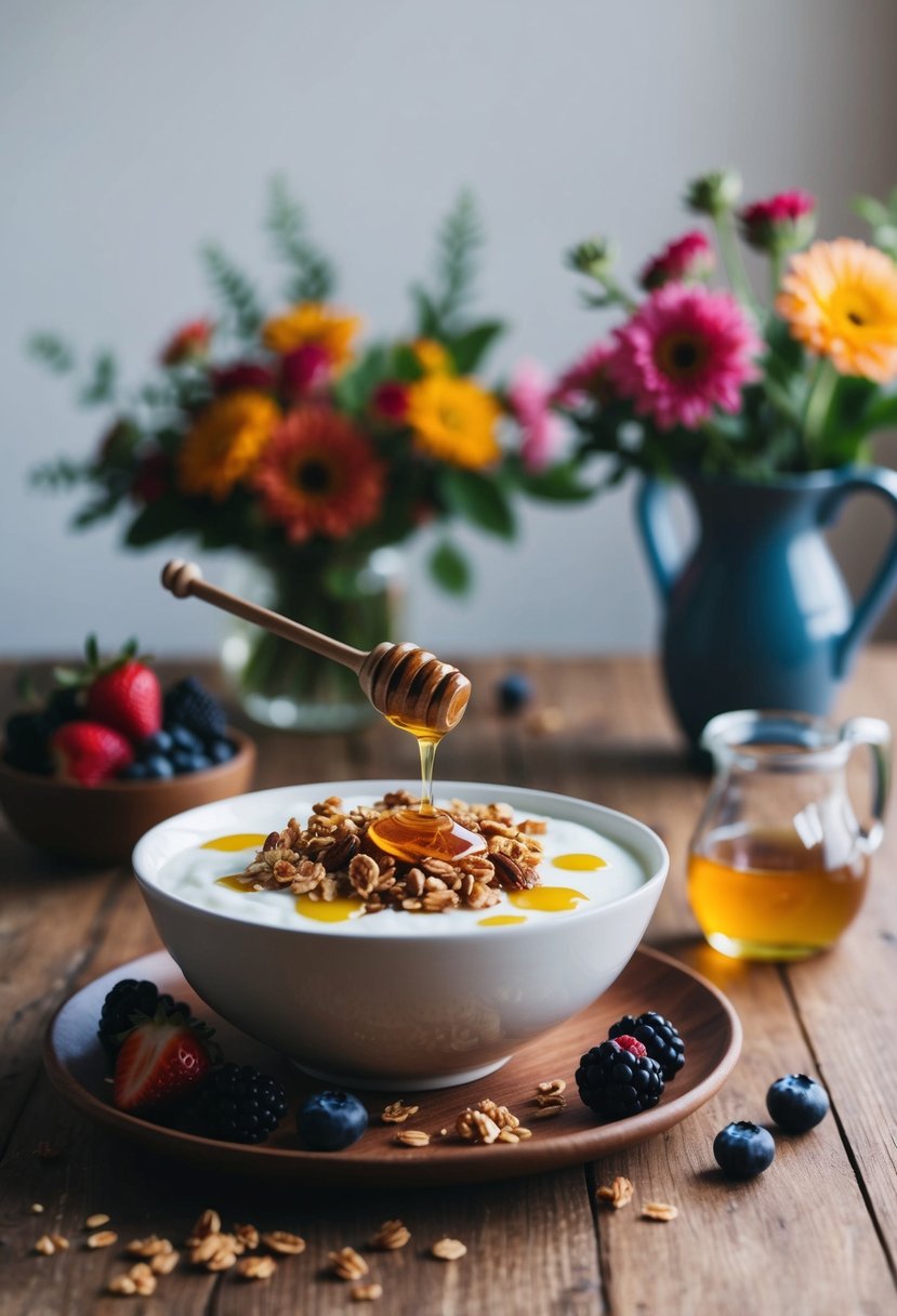 A bowl of Greek yogurt topped with granola and drizzled with honey sits on a wooden table, surrounded by fresh berries and a vase of flowers