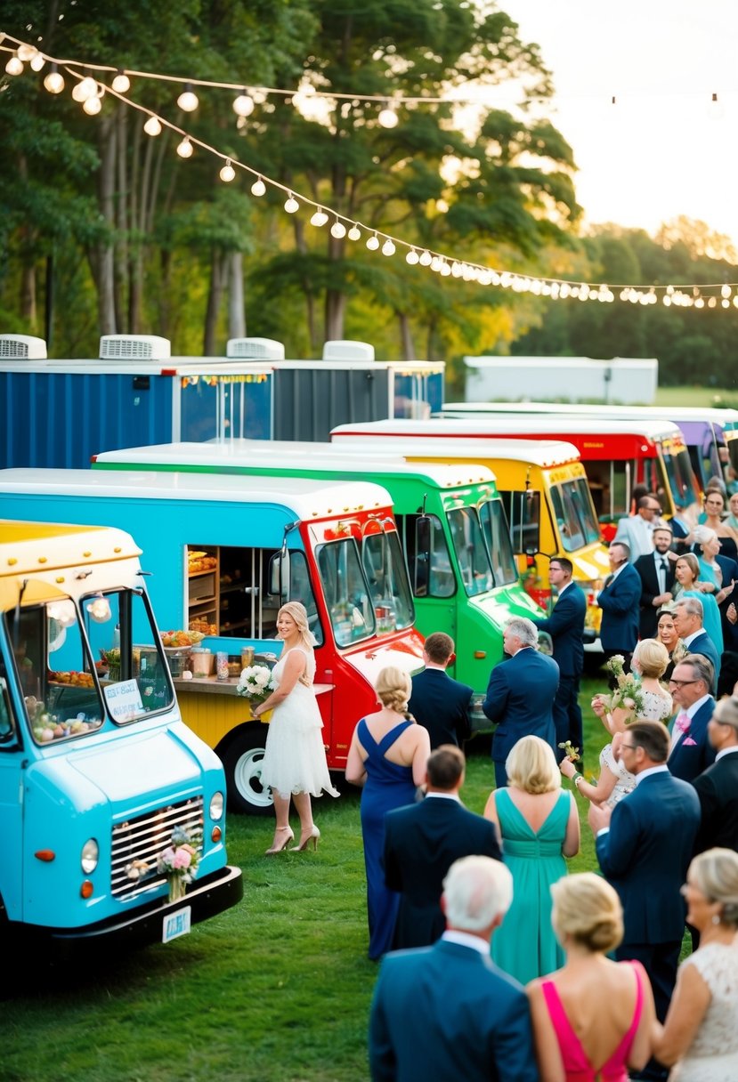 A festive outdoor setting with colorful gourmet food trucks lined up, surrounded by happy guests celebrating a wedding anniversary