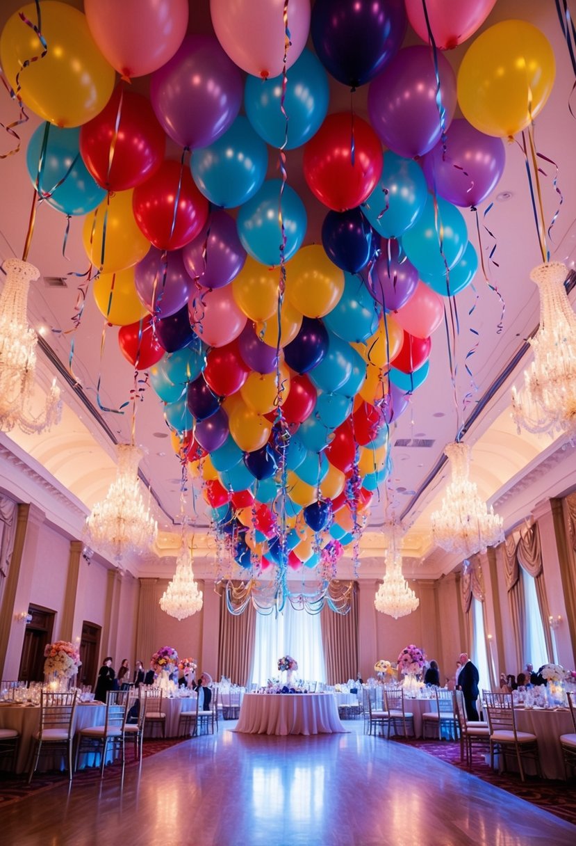 Colorful balloons and streamers adorn a grand ballroom, reflecting the festive spirit of a New Year's Eve wedding celebration