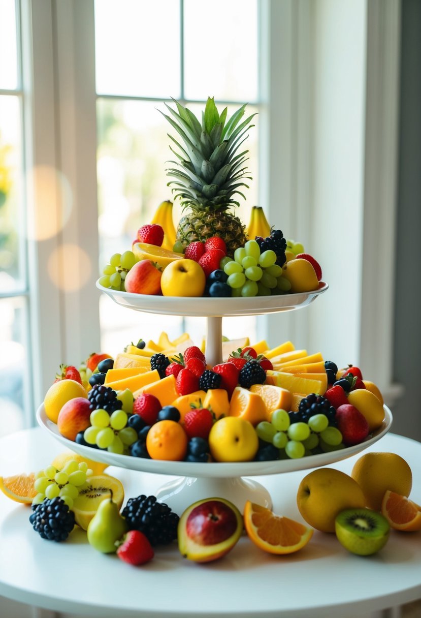 A colorful fruit platter arranged on a white table, surrounded by sunlight streaming through a window