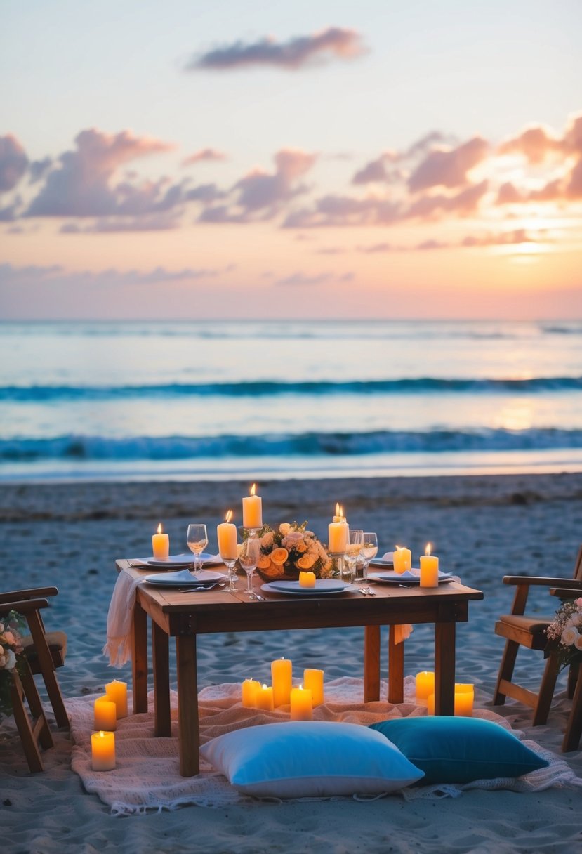 A beach picnic at sunset with a table set for a wedding anniversary, surrounded by candles, flowers, and a picturesque ocean view