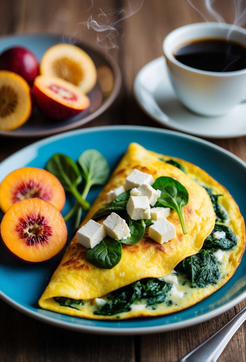 A sizzling omelette filled with vibrant green spinach and creamy feta cheese, served alongside fresh fruit and a steaming cup of coffee