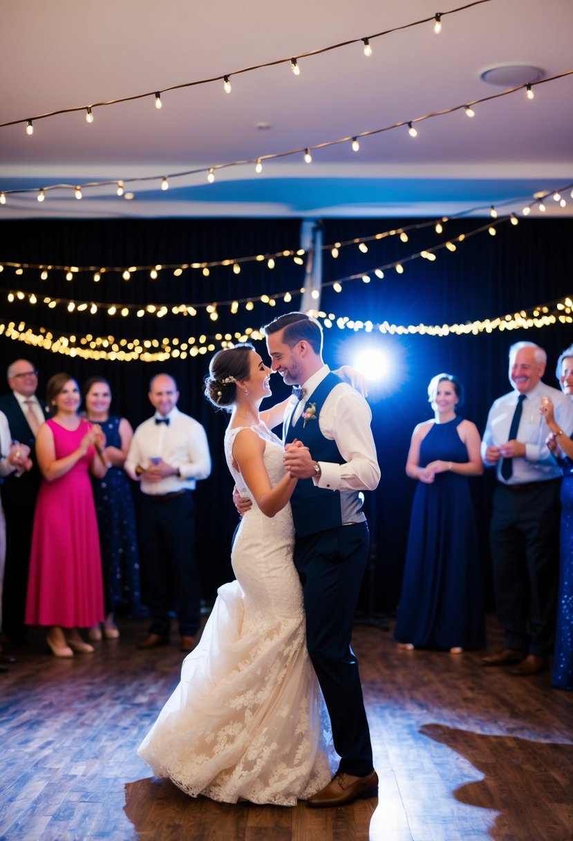 A couple gracefully dances under a spotlight at their anniversary party, surrounded by admiring guests and twinkling string lights