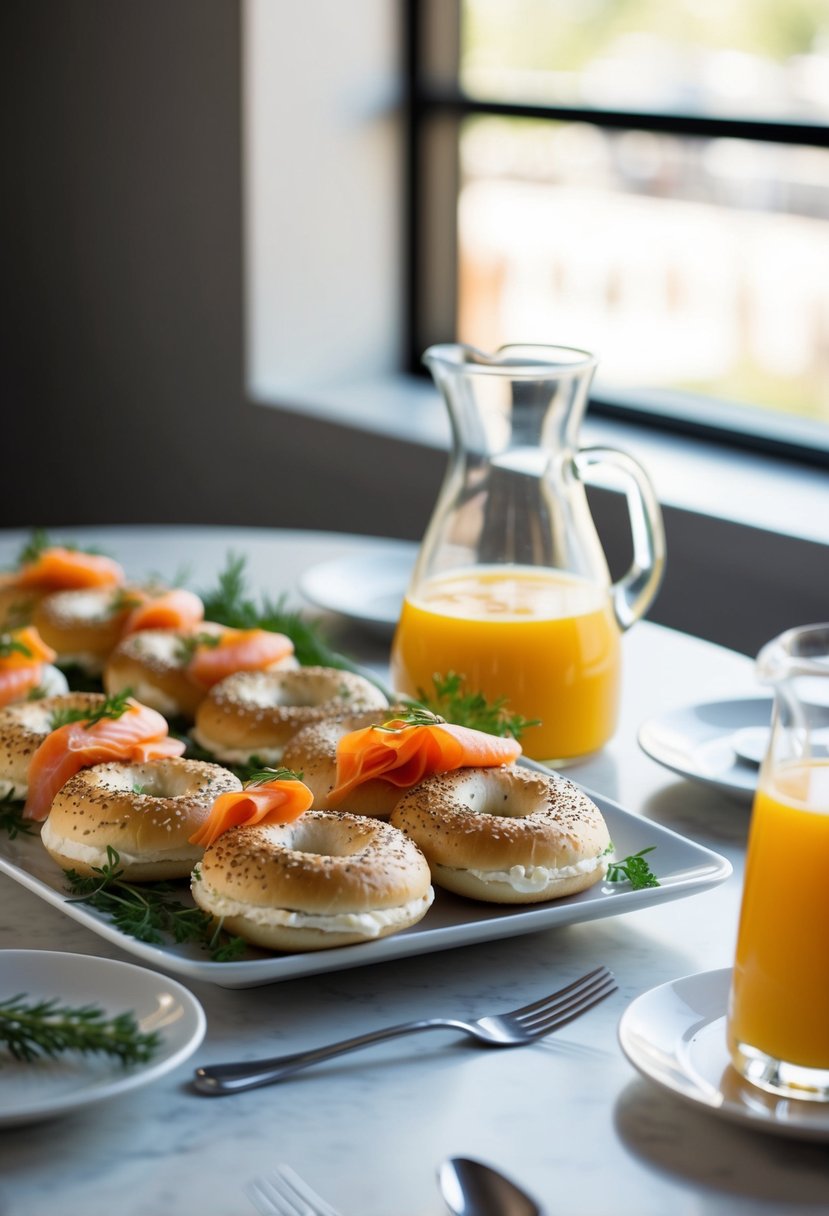 A table set with a platter of smoked salmon and cream cheese bagels, adorned with fresh herbs and accompanied by a carafe of orange juice