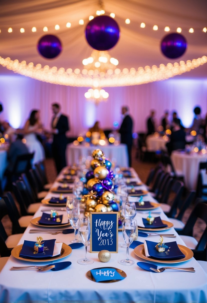 A table adorned with festive party favors and decorations for a New Year's Eve wedding celebration