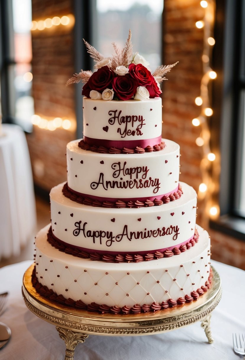 A tiered anniversary cake adorned with personalized decorations and a romantic theme