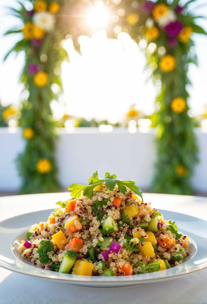 A colorful quinoa salad with a variety of mixed vegetables arranged on a white plate, set against a bright and airy morning wedding backdrop