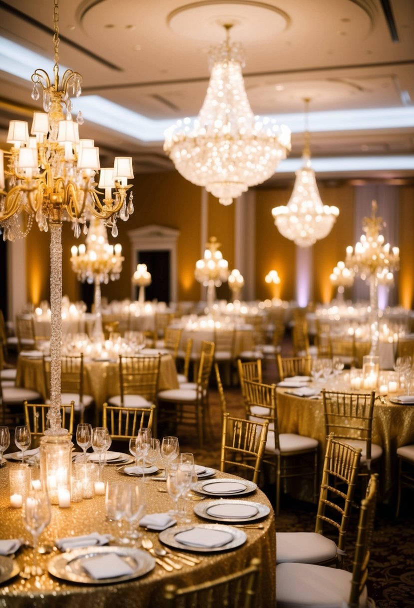 A grand ballroom adorned with gold and silver accents: shimmering tablecloths, gilded chairs, and twinkling chandeliers casting a warm glow over the elegant setting