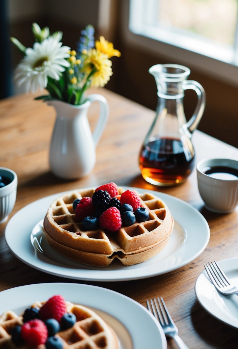 A table set with whole wheat waffles topped with fresh berries, accompanied by a carafe of syrup and a vase of flowers