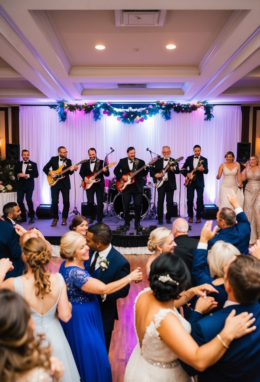 A lively wedding reception with a live band playing on stage, surrounded by dancing guests and festive decorations