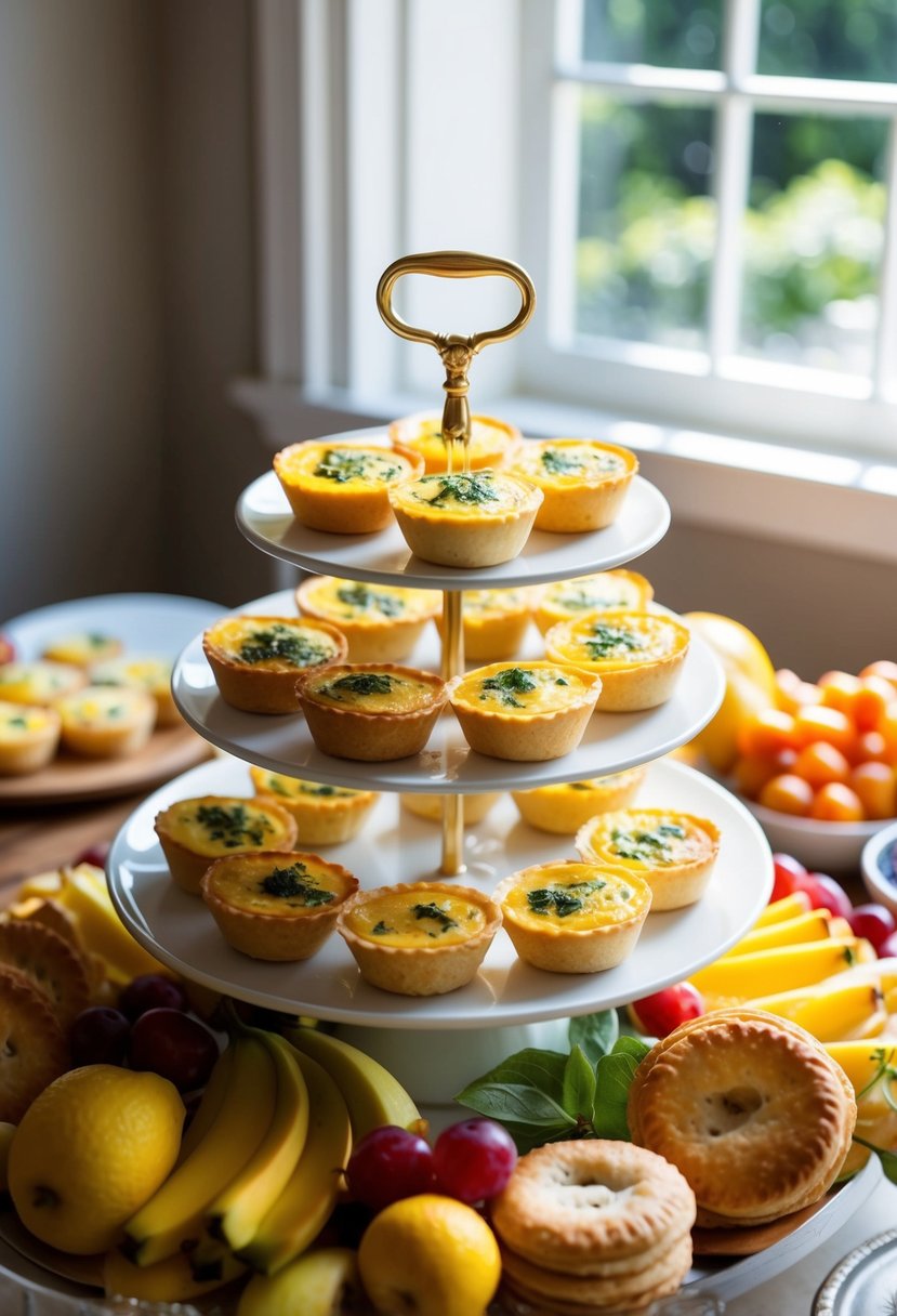 Mini quiches arranged on a tiered serving platter, surrounded by fresh fruit and pastries. Sunlight streams through a window, casting a warm glow on the spread