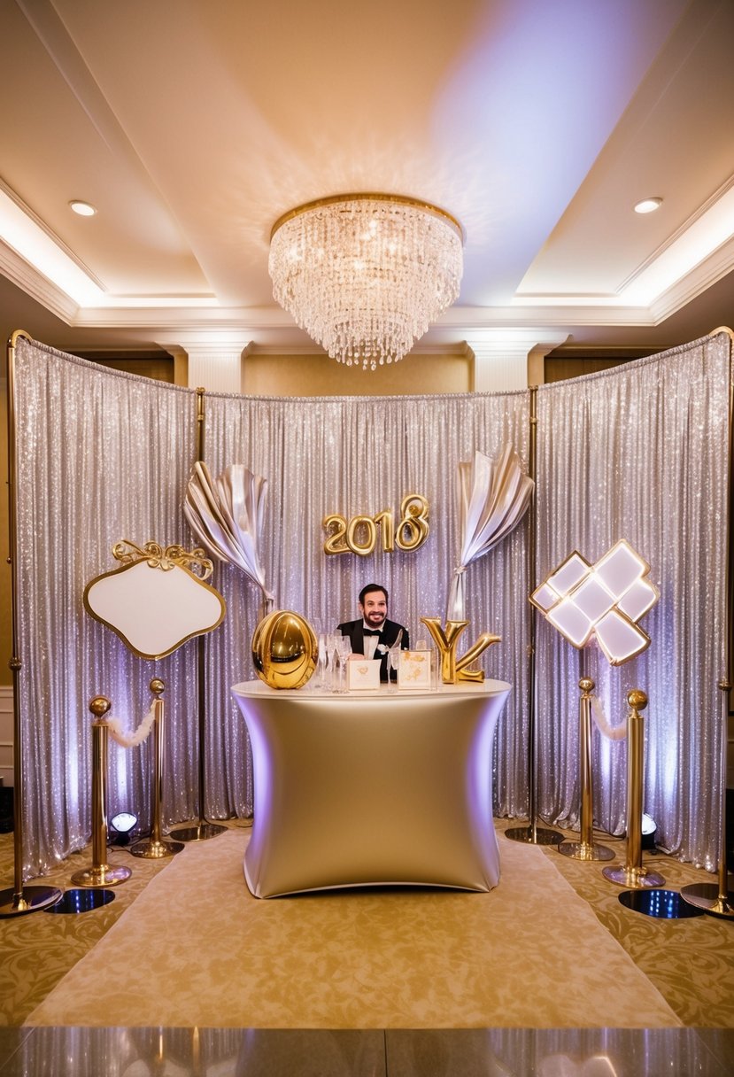 A glamorous photo booth with sparkling backdrop, elegant props, and soft lighting at a lavish New Year's Eve wedding