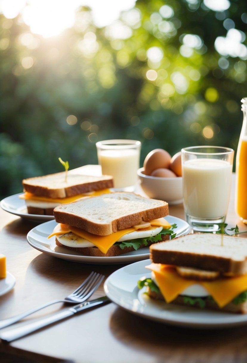 A table set with breakfast sandwiches, eggs, and cheese, surrounded by morning light