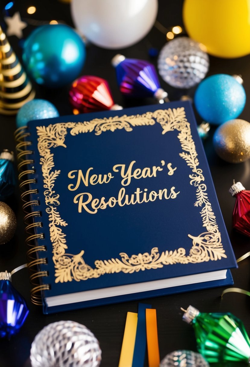 A decorative guest book with "New Year's Resolutions" written on the cover, surrounded by festive decorations and party favors