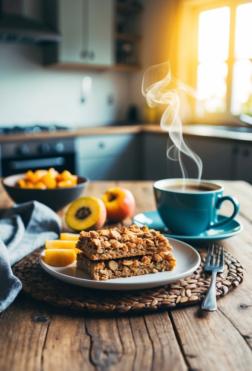 A rustic wooden table with a plate of homemade granola bars, fresh fruit, and a steaming cup of coffee, set against a backdrop of a sunlit kitchen