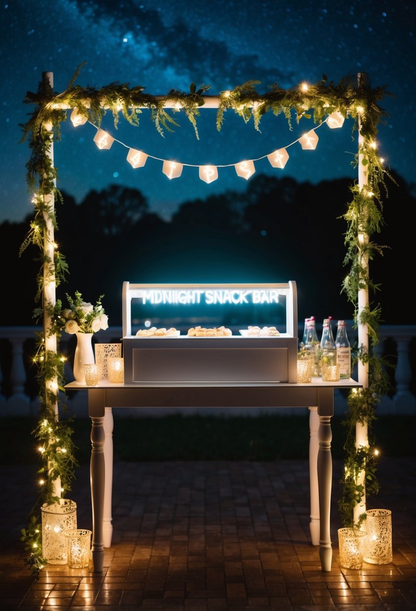 A festive wedding scene with a midnight snack bar, adorned with twinkling lights and elegant decor, set against a backdrop of a starry night sky