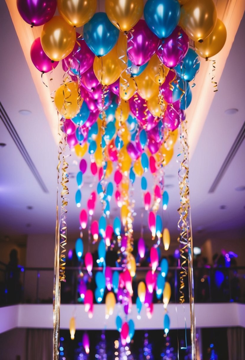 Colorful balloons cascading from the ceiling at a glittering midnight New Year's Eve wedding celebration