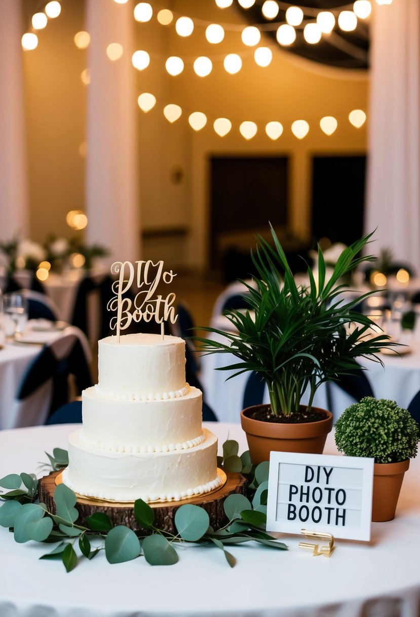 A wedding cake with simple decoration, a DIY photo booth, and potted plants as centerpieces on a budget-friendly reception table