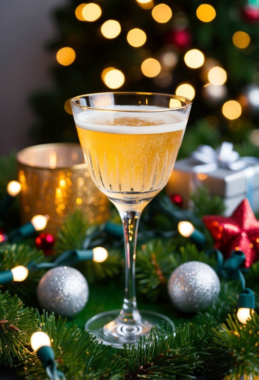 A champagne glass filled with a shimmering cocktail, surrounded by festive decorations and twinkling lights