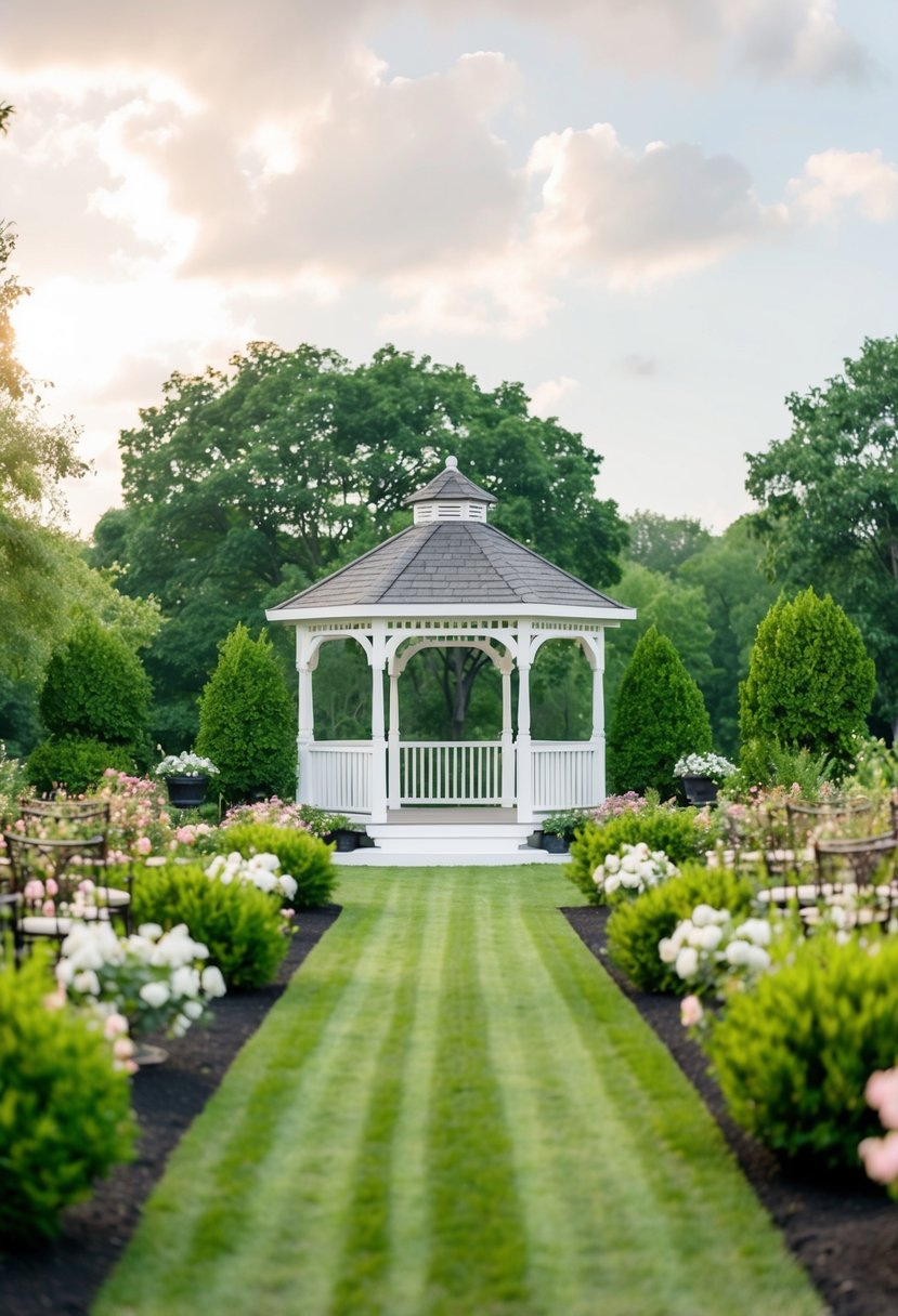 A serene outdoor wedding venue with a beautiful gazebo surrounded by lush greenery and blooming flowers