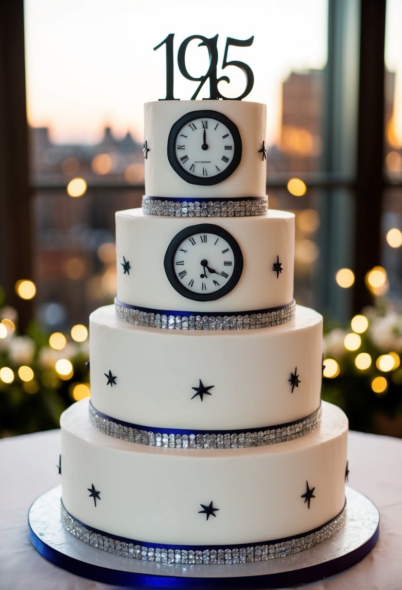 A three-tiered wedding cake with clock motifs, elegant and festive for a New Year's Eve wedding celebration