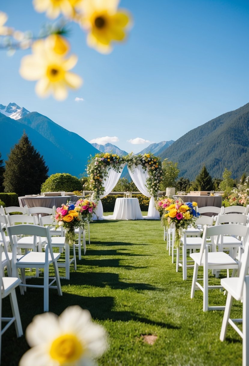 A serene outdoor wedding venue with colorful flowers and a clear blue sky, surrounded by mountains and trees