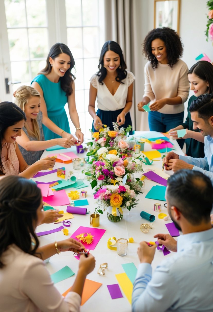 A group of friends and family gathered around a table, crafting wedding decorations with colorful paper, ribbons, and flowers. Laughter and conversation filled the room as they worked together to create beautiful and budget-friendly decor