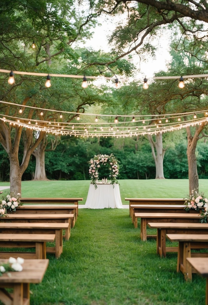 A charming outdoor wedding setting with string lights, rustic wooden benches, and floral decorations under a canopy of trees