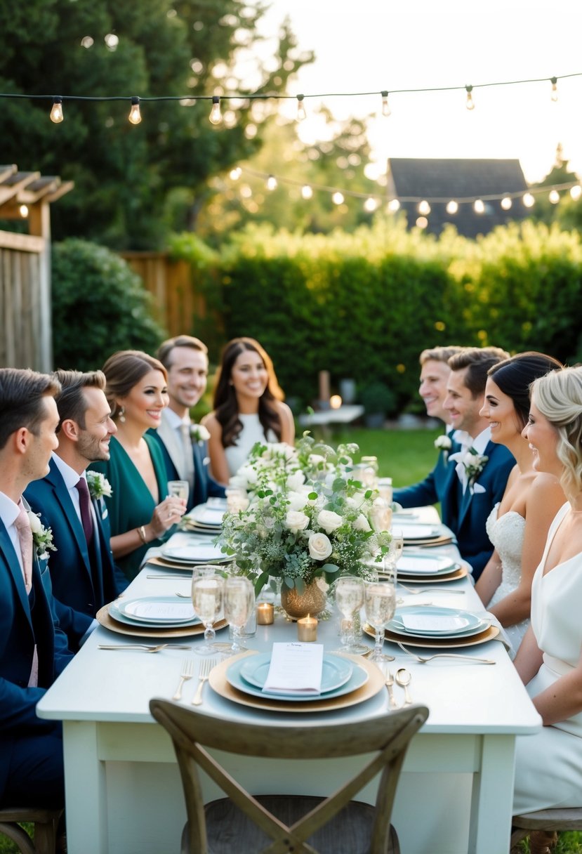 A cozy backyard wedding with a small group of loved ones gathered around a beautifully decorated table