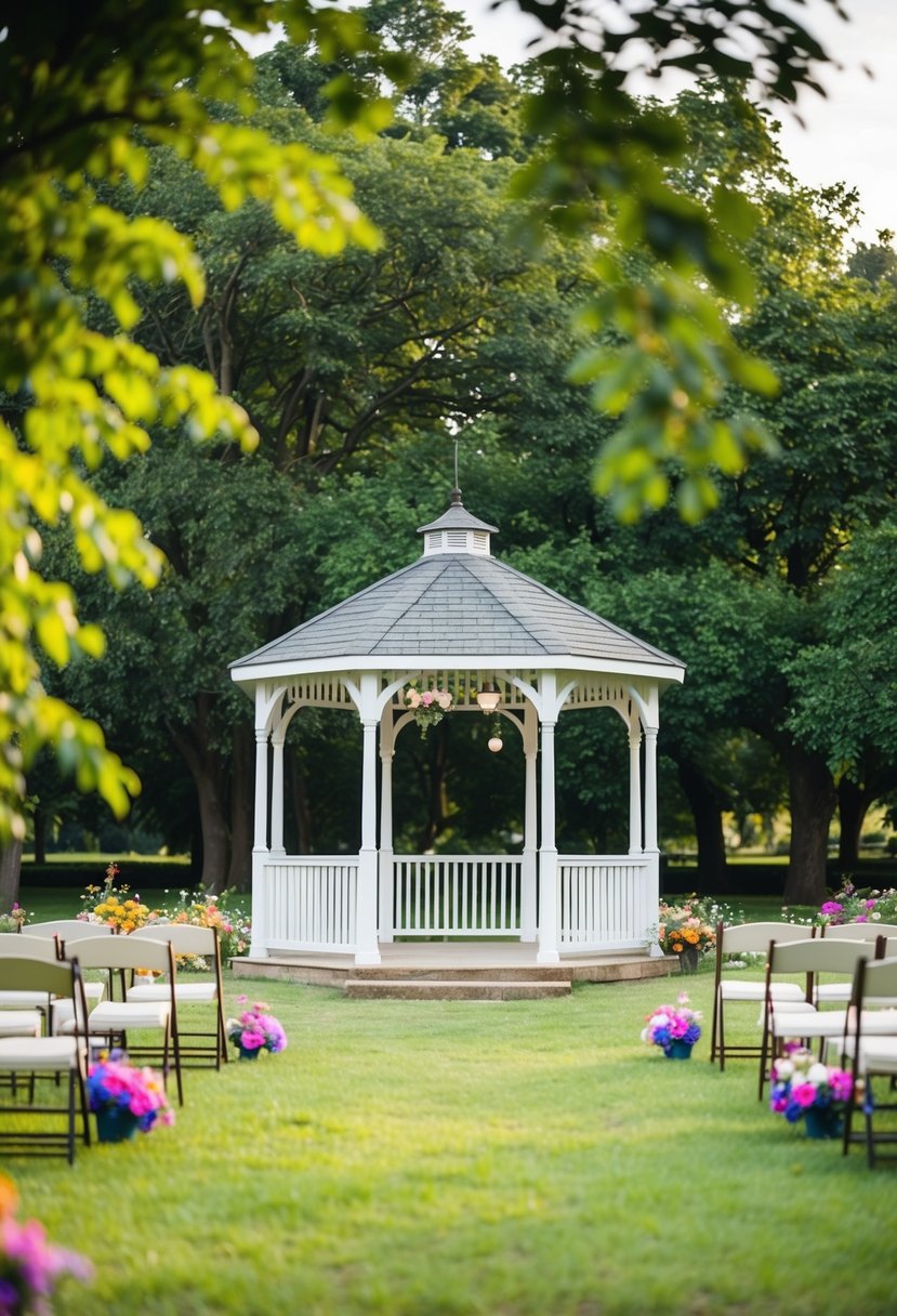 A serene park with a gazebo, surrounded by lush greenery and colorful flowers. A small wedding set-up with DIY decorations and simple seating arrangements