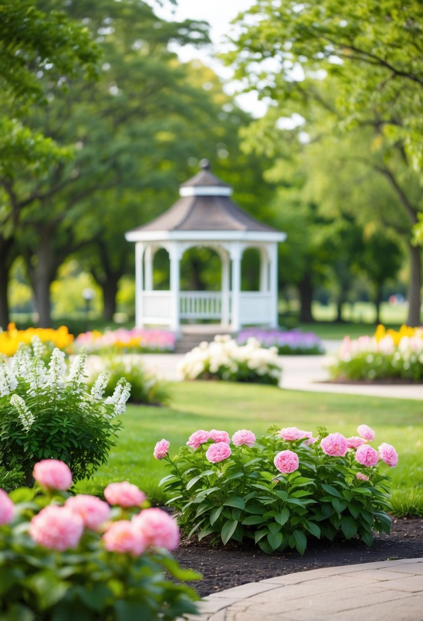 A serene park setting with blooming flowers, lush greenery, and a charming gazebo, perfect for an affordable outdoor wedding