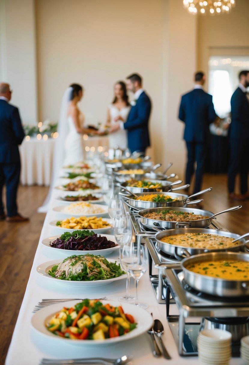 A buffet spread with a variety of dishes and utensils, set up on a long table in a wedding reception hall