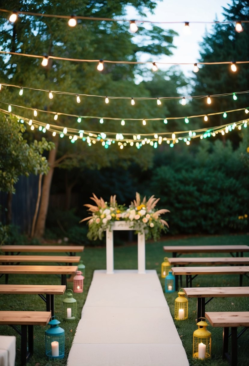 A cozy backyard wedding with string lights, colorful lanterns, rustic wooden benches, and a simple altar adorned with wildflowers