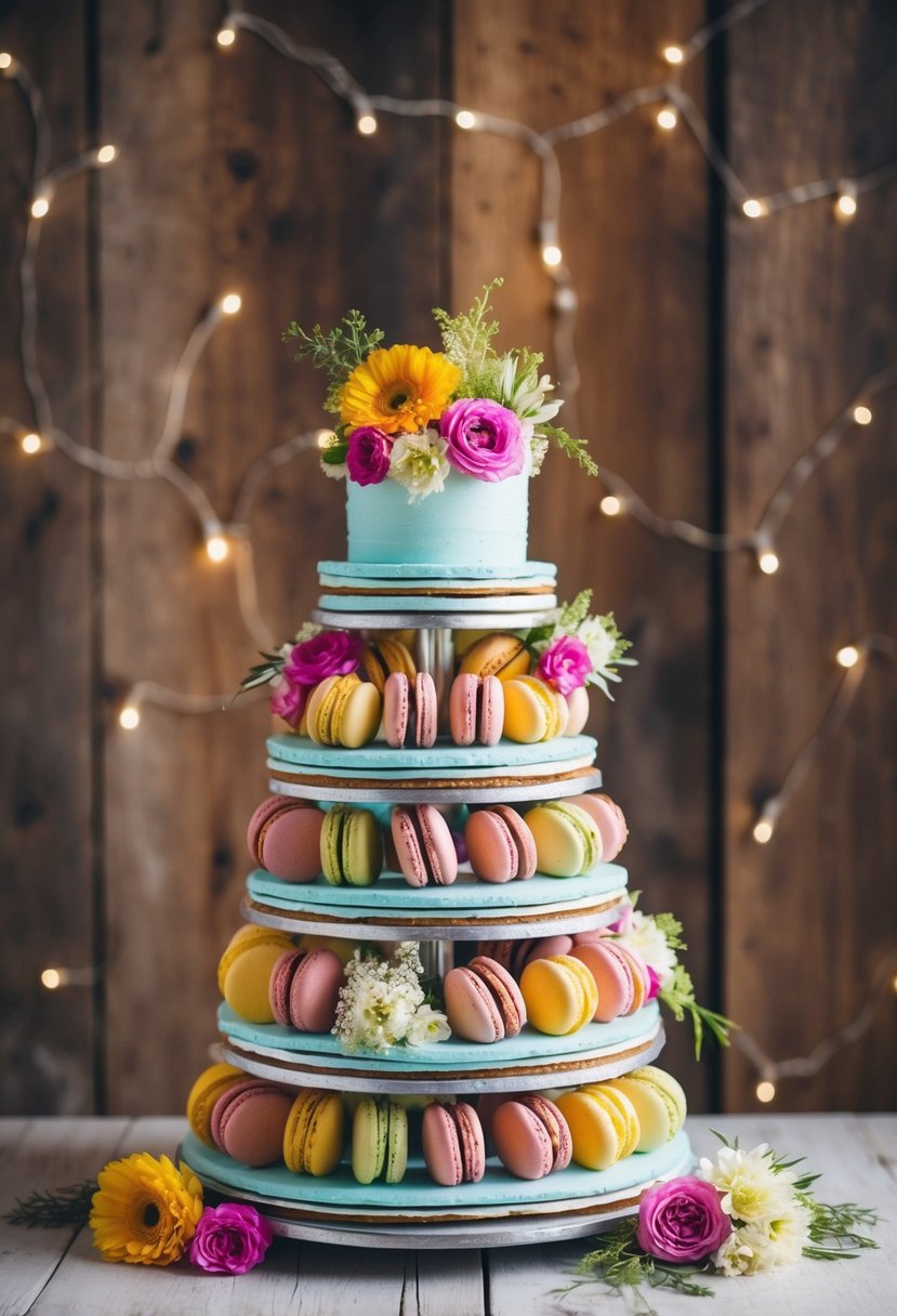 A tiered cake made of colorful macarons and fresh flowers, set against a backdrop of rustic wood and fairy lights