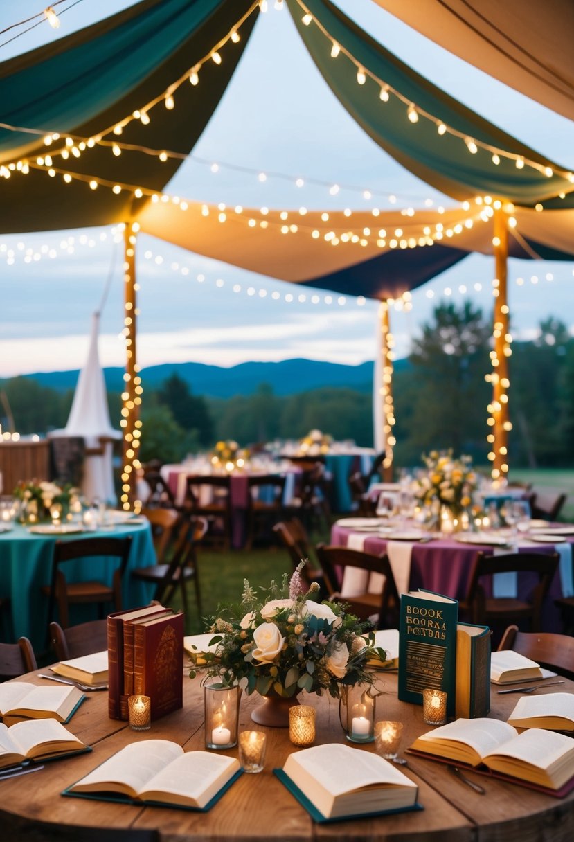 A cozy outdoor wedding venue with colorful tents, string lights, and a variety of book-themed decorations