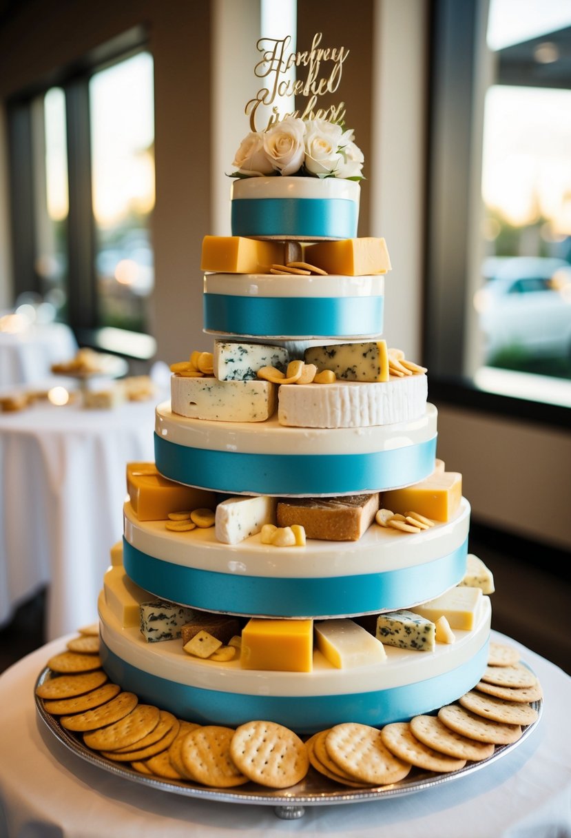 A towering display of assorted cheeses and crackers arranged like a wedding cake