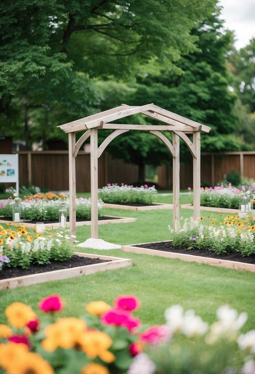 A charming community garden space with flower-filled beds and a rustic wooden arch, perfect for a budget-friendly outdoor wedding