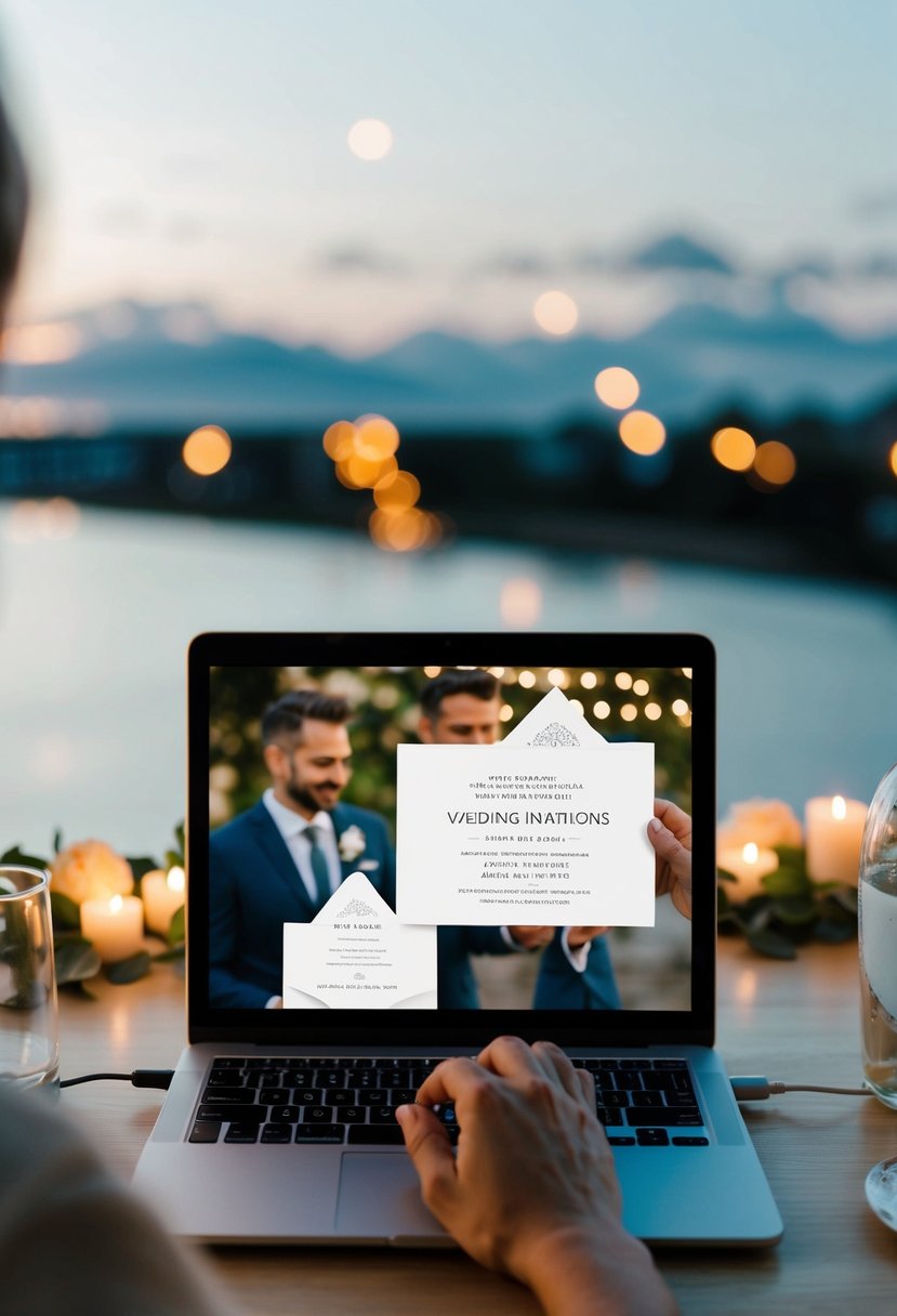 A couple sending digital wedding invitations from a laptop to save on printing costs