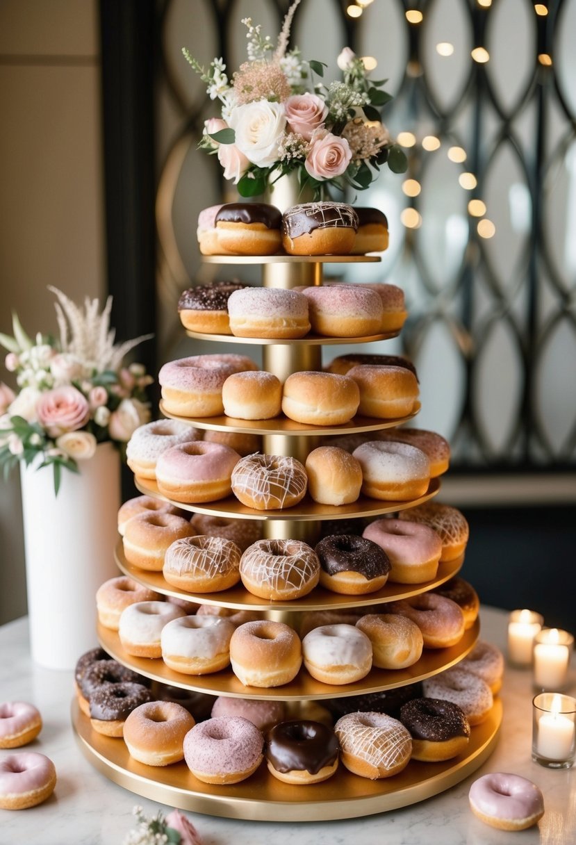 A tiered display of assorted doughnuts arranged in a decorative pattern, with floral accents and elegant lighting