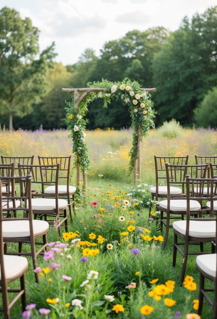 A lush field of colorful seasonal wildflowers with a rustic archway and simple seating, surrounded by nature, perfect for an affordable outdoor wedding