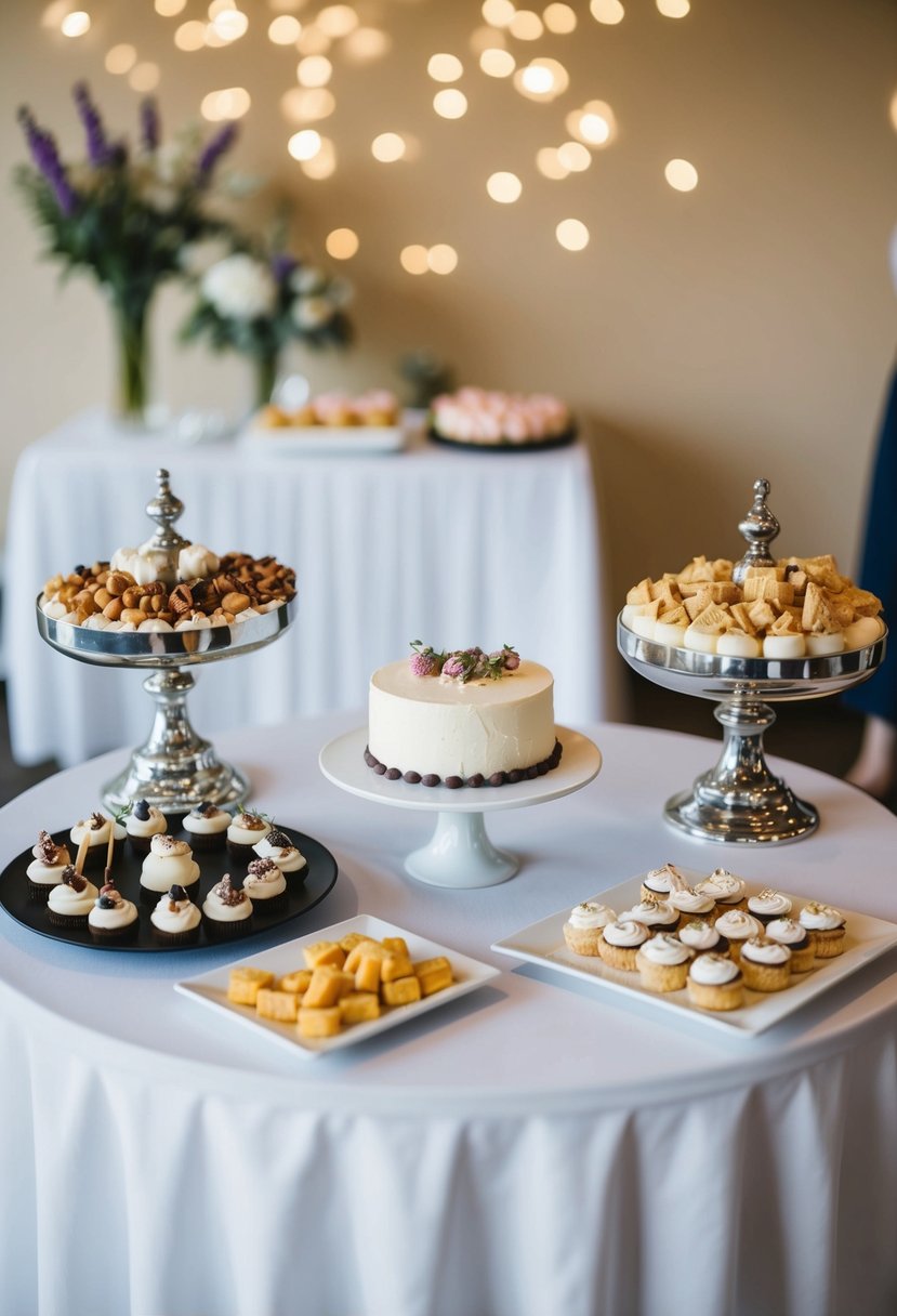 A dessert bar with a variety of treats and a small, elegant single-tier wedding cake displayed on a table