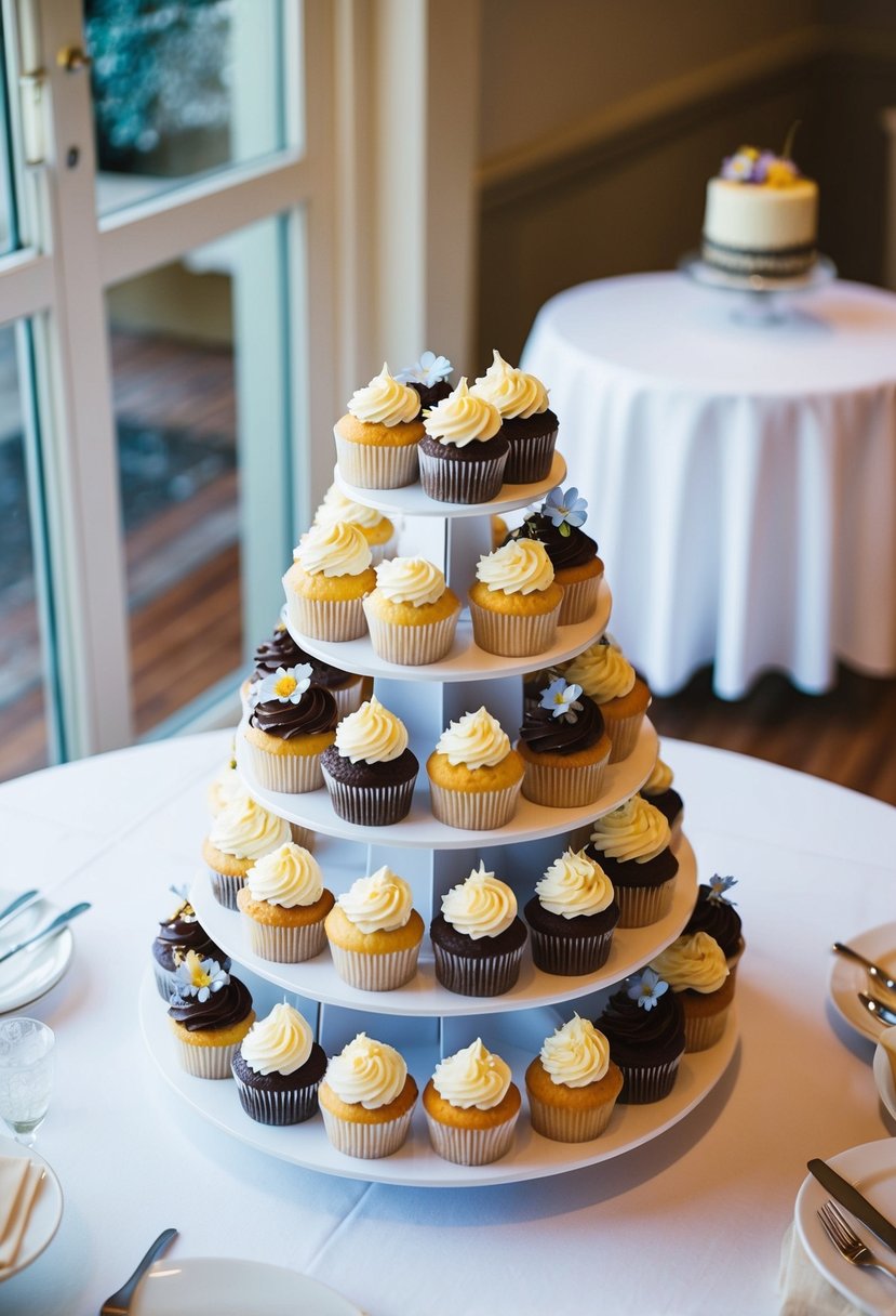 A tiered display of assorted cupcakes in place of a traditional wedding cake, decorated with delicate frosting and edible flowers