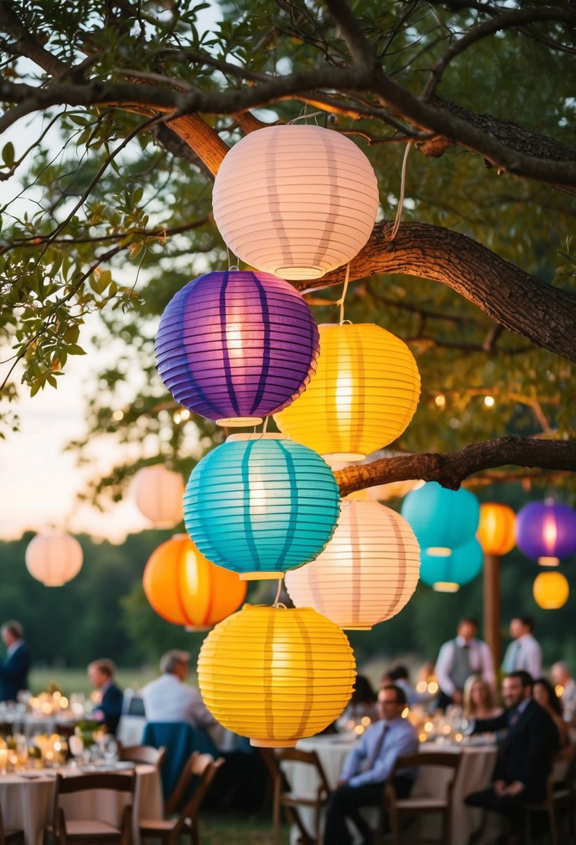 Colorful paper lanterns hanging from tree branches, casting a warm glow over a rustic outdoor wedding reception