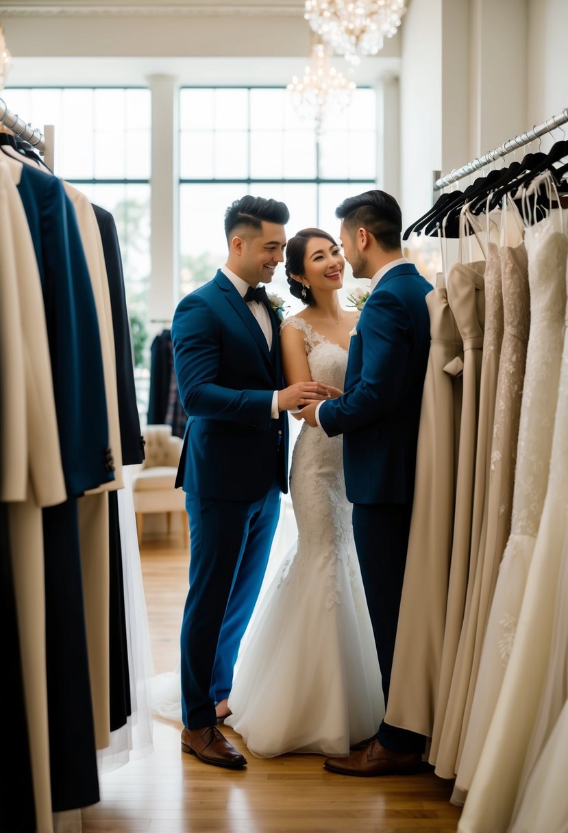 A couple browsing through a rack of elegant wedding attire at a rental shop, comparing different styles and discussing their options